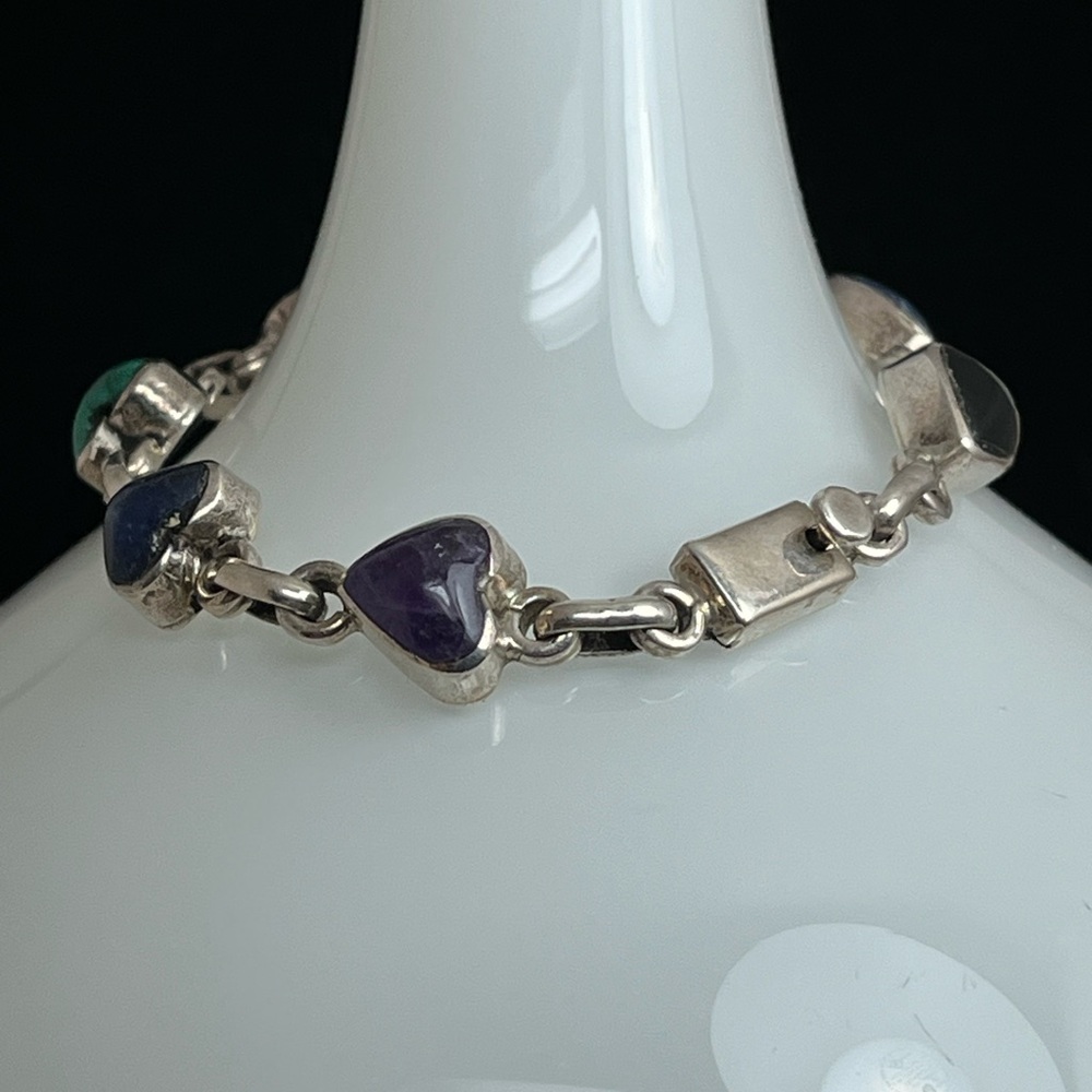 Vintage Taxco 7 Inch Heart Shaped Multi Stone Sterling Silver Bracelet - Picture 2 of 9